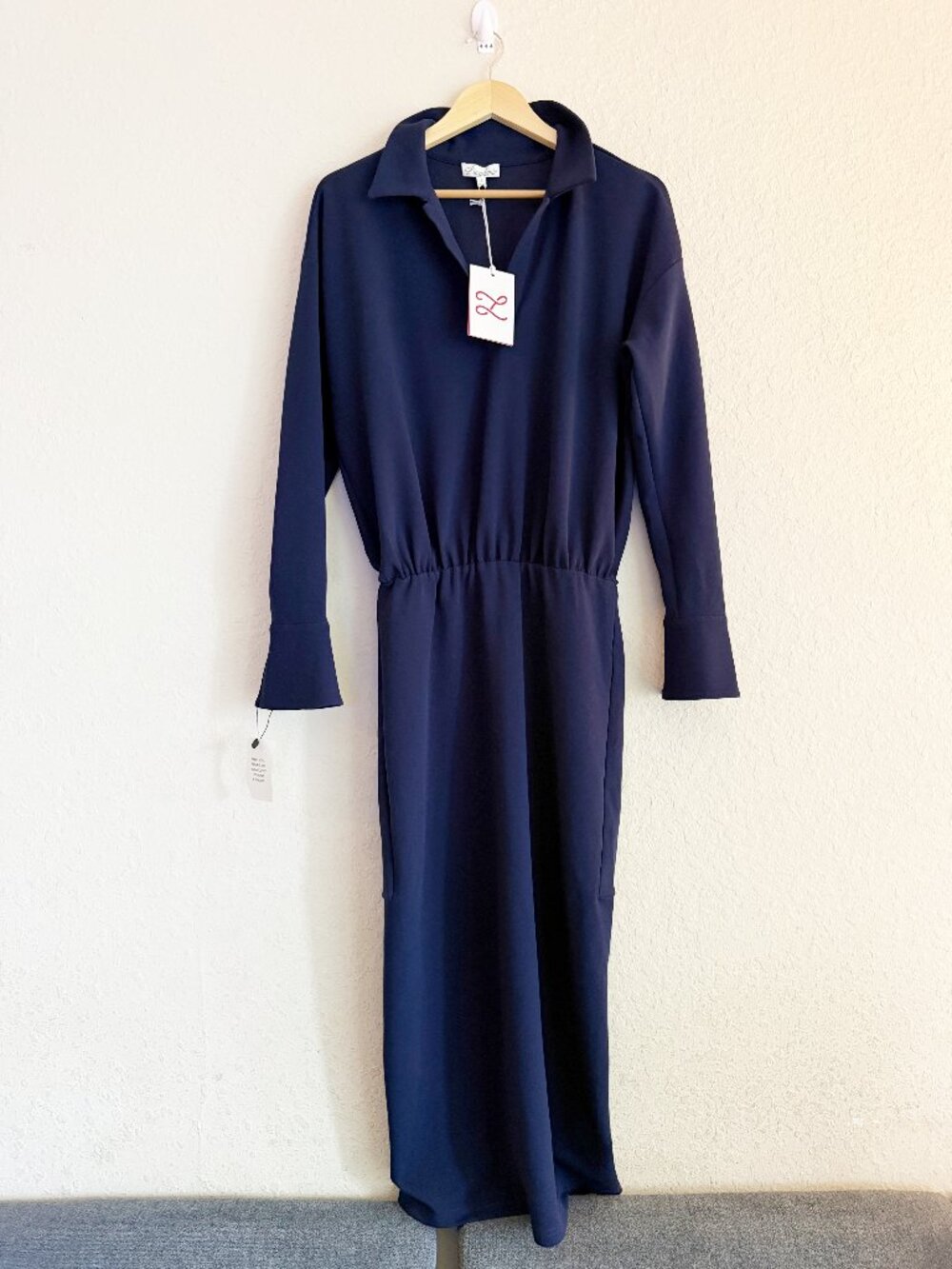 L’Academie Navy Blue Collared Long Sleeve Drop Waist Midi Dress Size S NWT - Picture 2 of 6